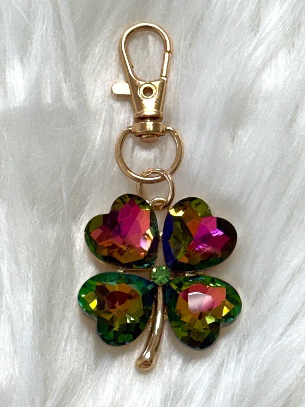 Iridescent Green & Pink Four 4 Leaf Clover Keychain Bag Charm Gold Tone Hardware